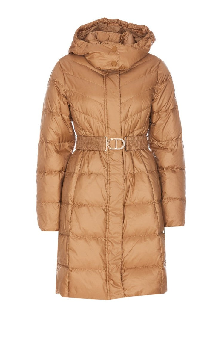 Twin-Set Mid-Length Brown Puffer Coat With Belted Waist