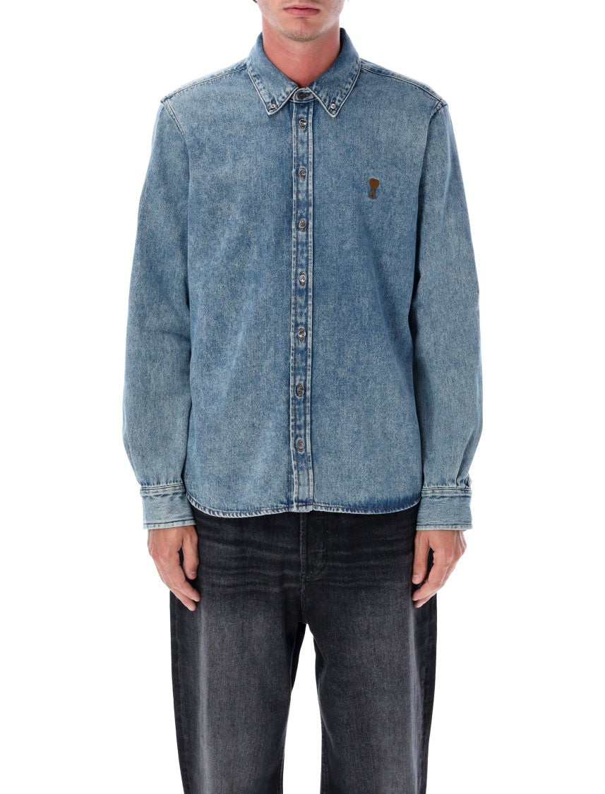 Ami Paris Classic Fit Stonewashed Denim Shirt With Embroidered Heart Detail