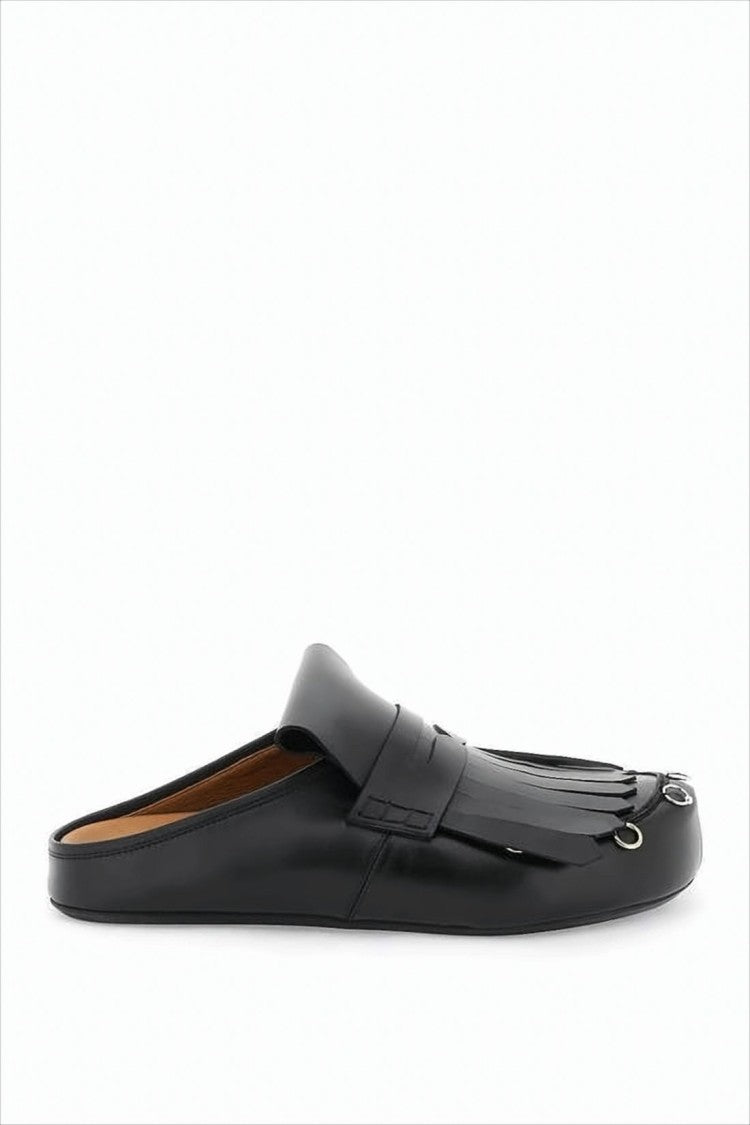 Marni Fringed Black Calf Leather Slip-On Mules
