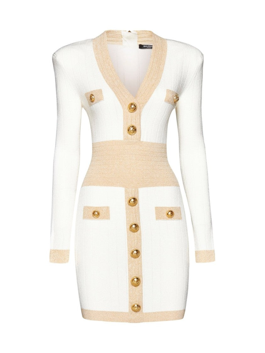 Balmain V Neck Golden Edge Knit Dress