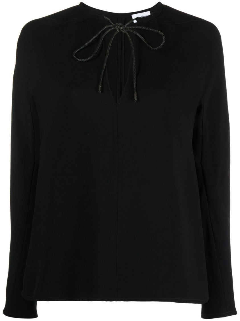 Ferragamo Tie-Neck Black Leather Blouse