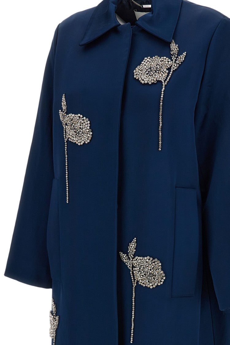 Erdem Navy Blue Embroidered Heavy Satin Cocoon Coat