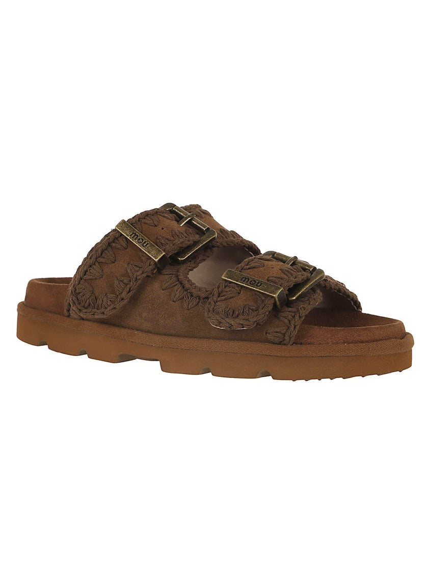 Mou Brown Calfskin Suede Sandal With Hand-Crocheted Detailing