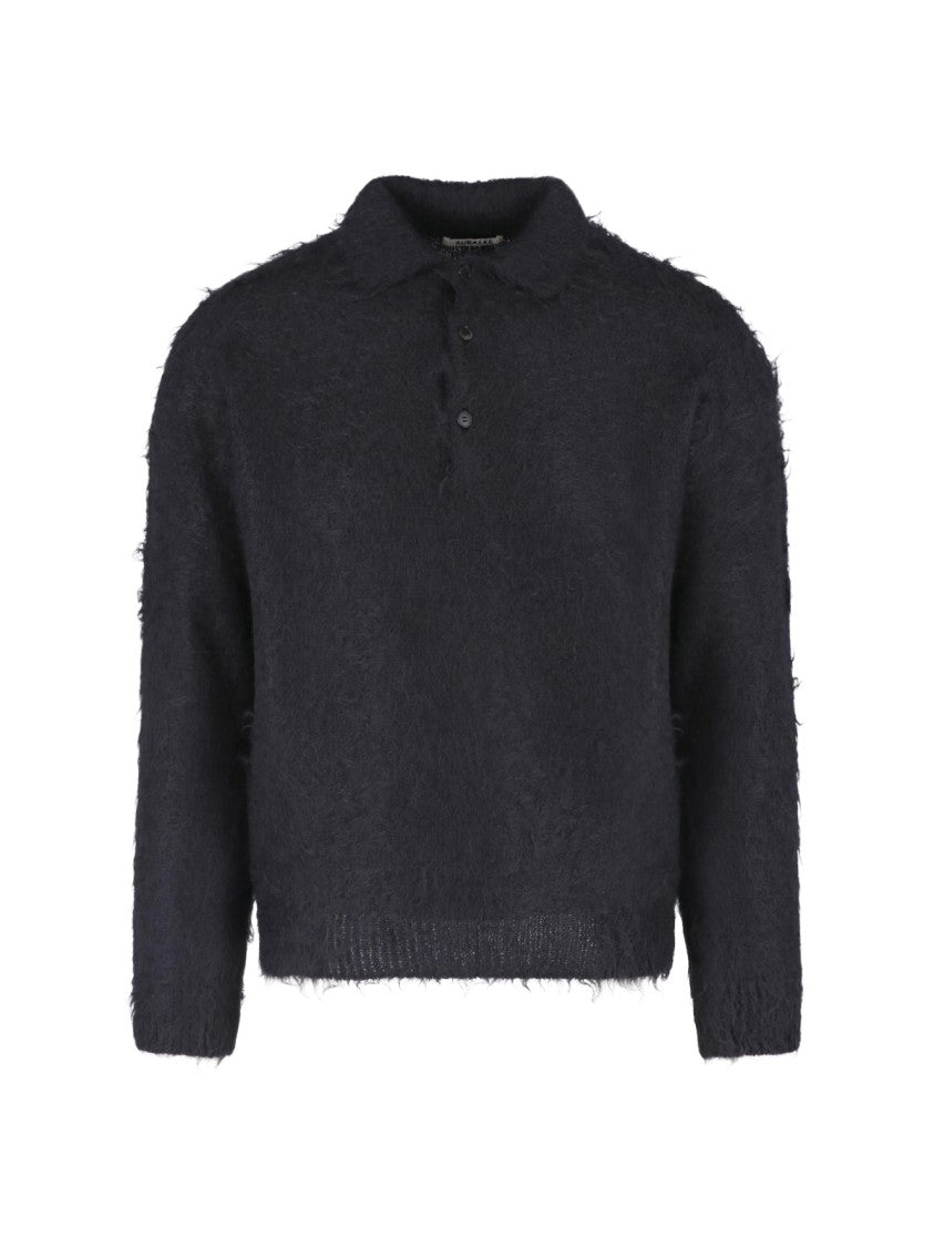 Auralee Grey Textured Long-Sleeve Cropped Polo Shirt