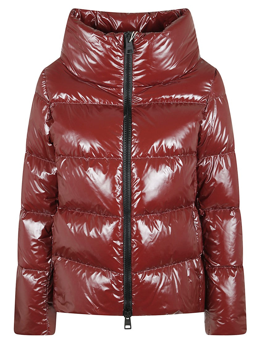 Herno Cropped Red Puffer Jacket With High Structured Collar