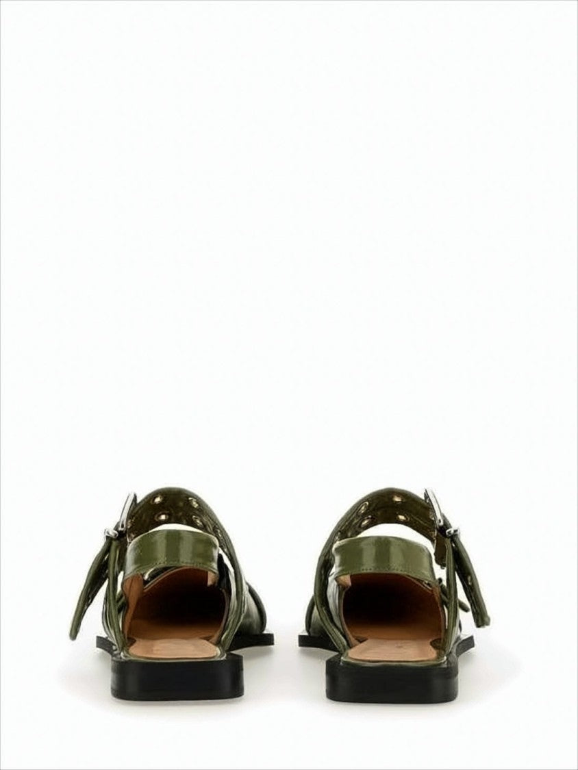 Ganni Glossy Olive Green Leather Flat Shoes With Buckle Detailing
