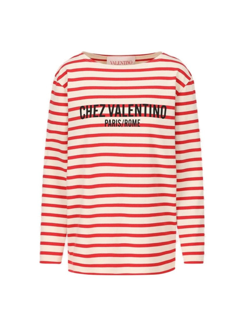 Valentino Striped Cotton Jersey Long Sleeve T-Shirt Ivory And Red