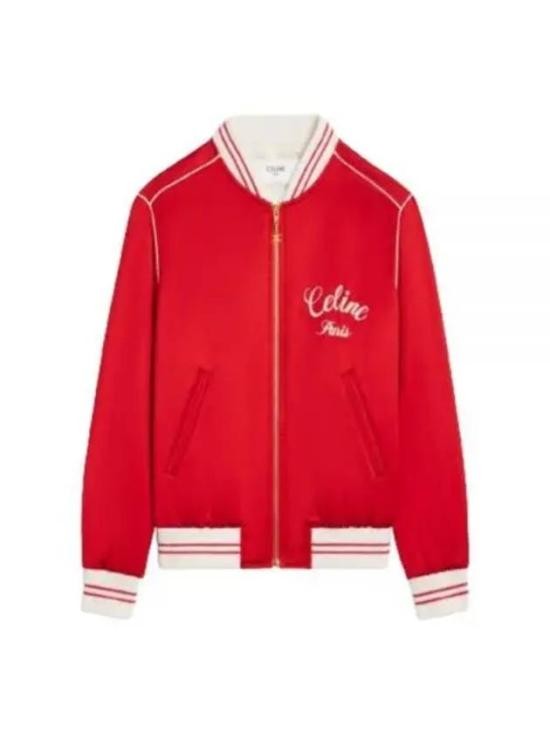 Celine Red Bomber Jacket With Ribbed Cuffs And Embroidered Detail