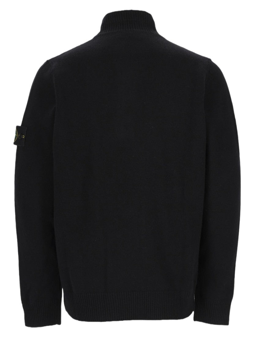 Stone Island Black Knit Sweater With High Ribbed Collar And Button Placket