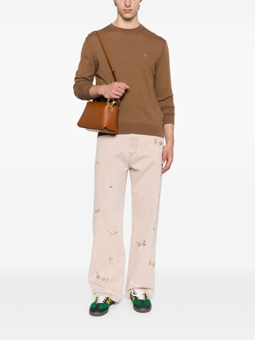 Etro Solid Brown Cotton Sweater With Crew Neckline