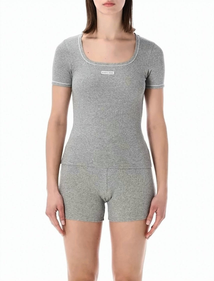 Marine Serre Fitted Short-Sleeve Top With Square Neckline