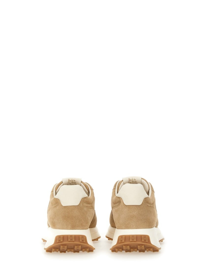 Hogan Beige Suede Sneakers With Contrasting Logo And Textured Sole