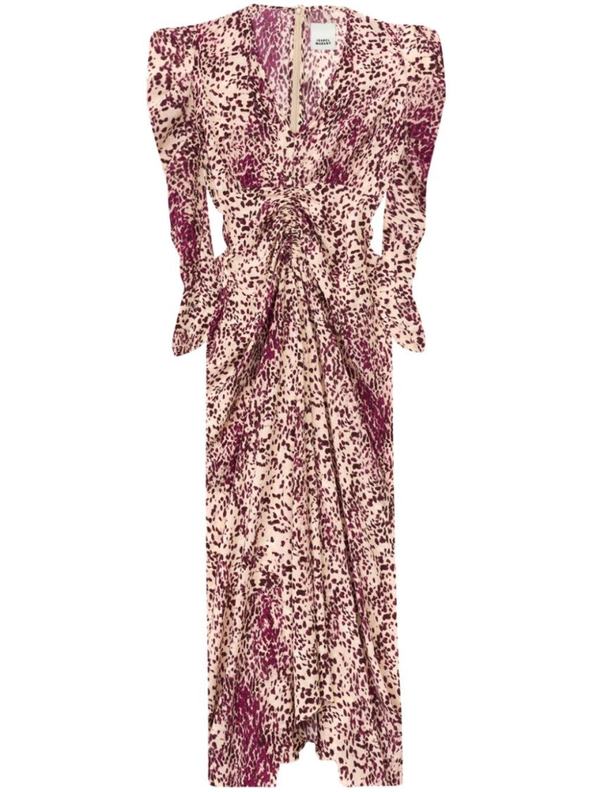 Isabel Marant Deep V-Neck Midi Dress With Puffed Sleeves And Abstract Print