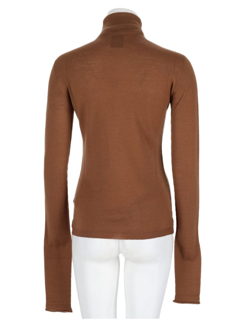 Nude Beige Fitted High-Turtleneck Wool Sweater