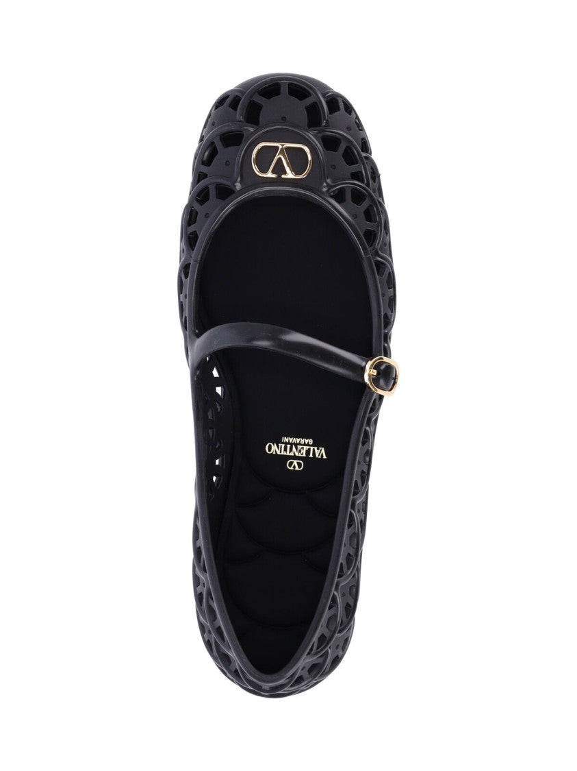 Valentino Garavani Black Ondette Rubber Scallops Flats