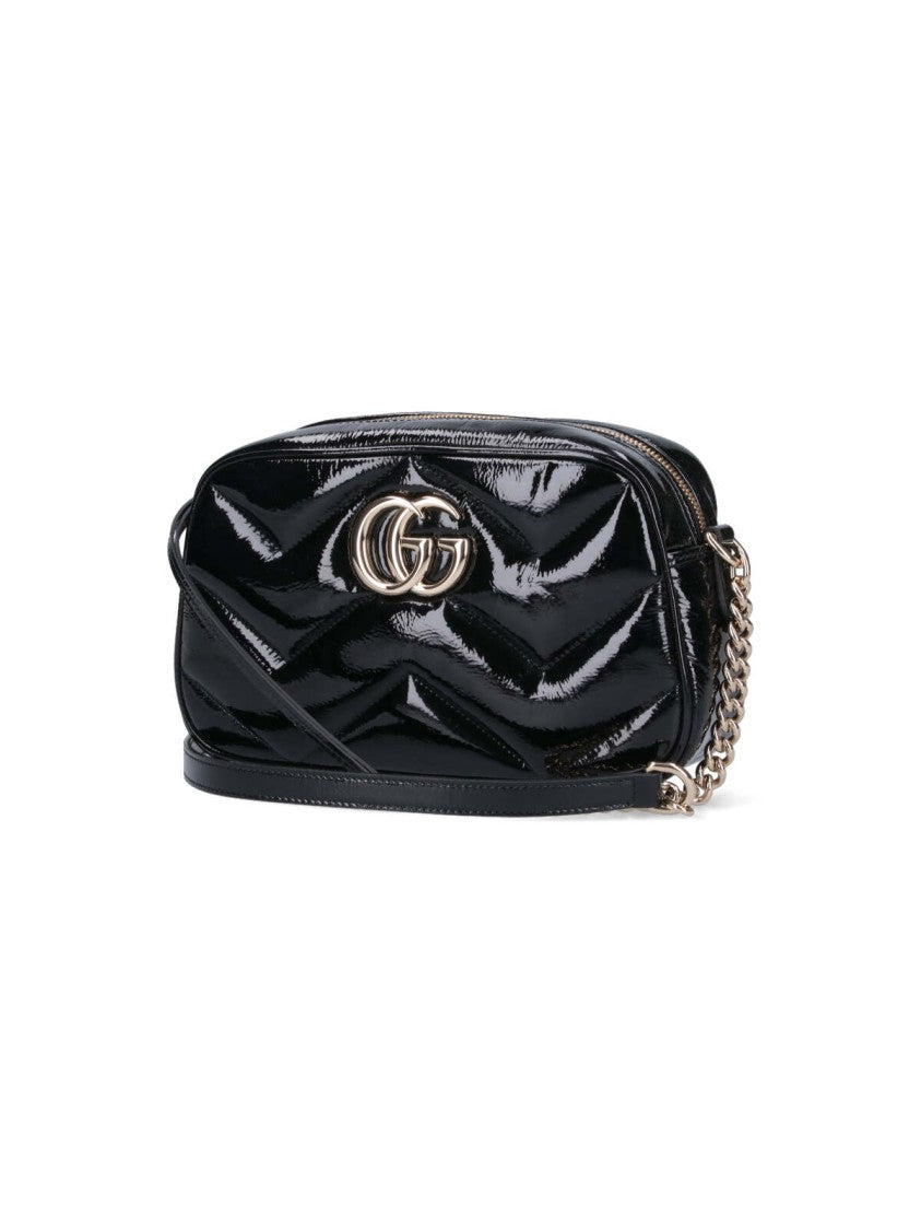 Gucci Chevron-Pattern Black Patent Leather Shoulder Bag With Adjustable Chain Strap