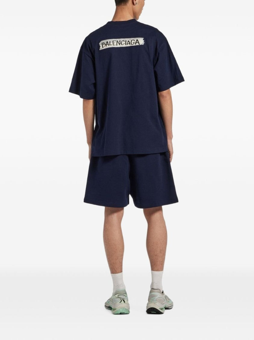 Balenciaga Navy Blue Boxy Fit Graphic Cotton T-Shirt