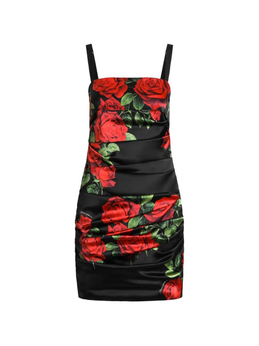 Dolce & Gabbana Ruched Bold Floral Print Silk Mini Dress