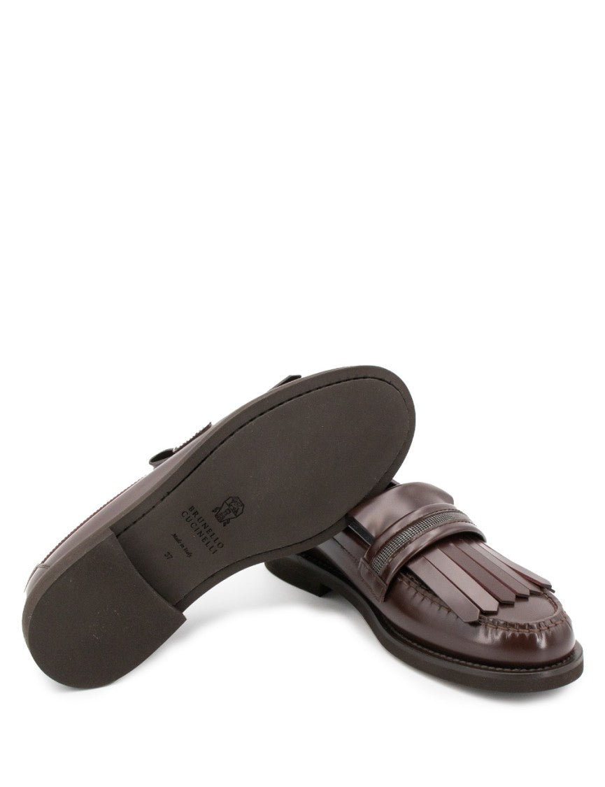 Brunello Cucinelli Burgundy Leather Moccasins With Decorative Fringe Detail