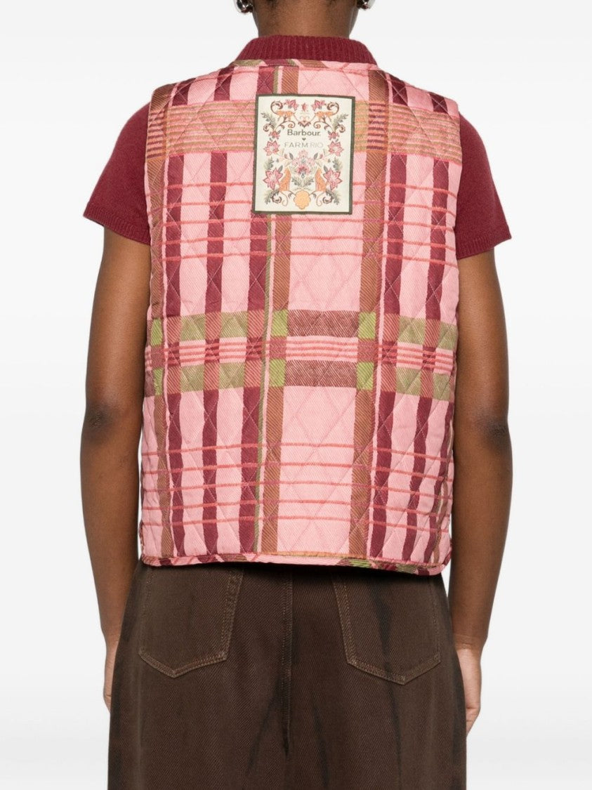 Barbour Quilted Pink And Beige Plaid Vest