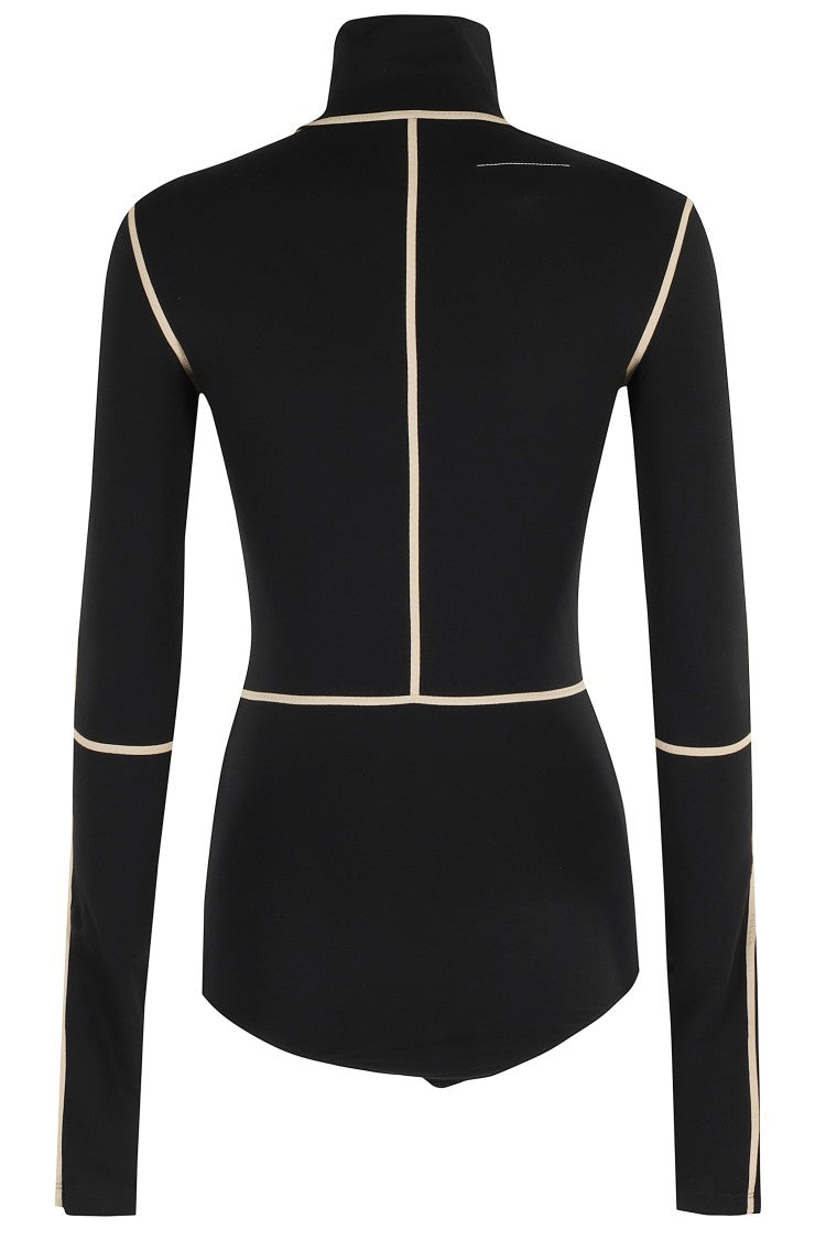 Mm6 By Maison Margiela High Neck Bodysuit With Contrasting Beige Piping