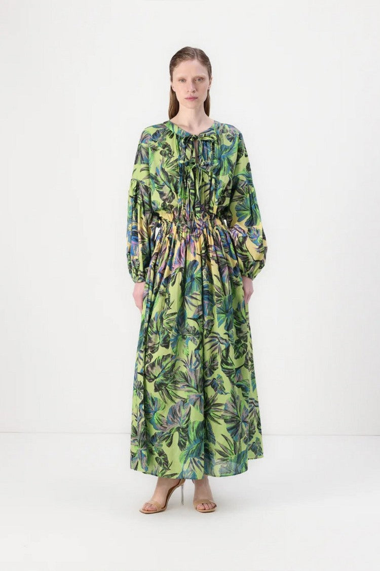 Pinko Green Tropical Leaf Print Tie-Neck Cotton Maxi Dress