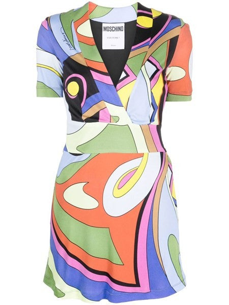 Moschino Multicolor Geometric Print Short V -Neck Dress