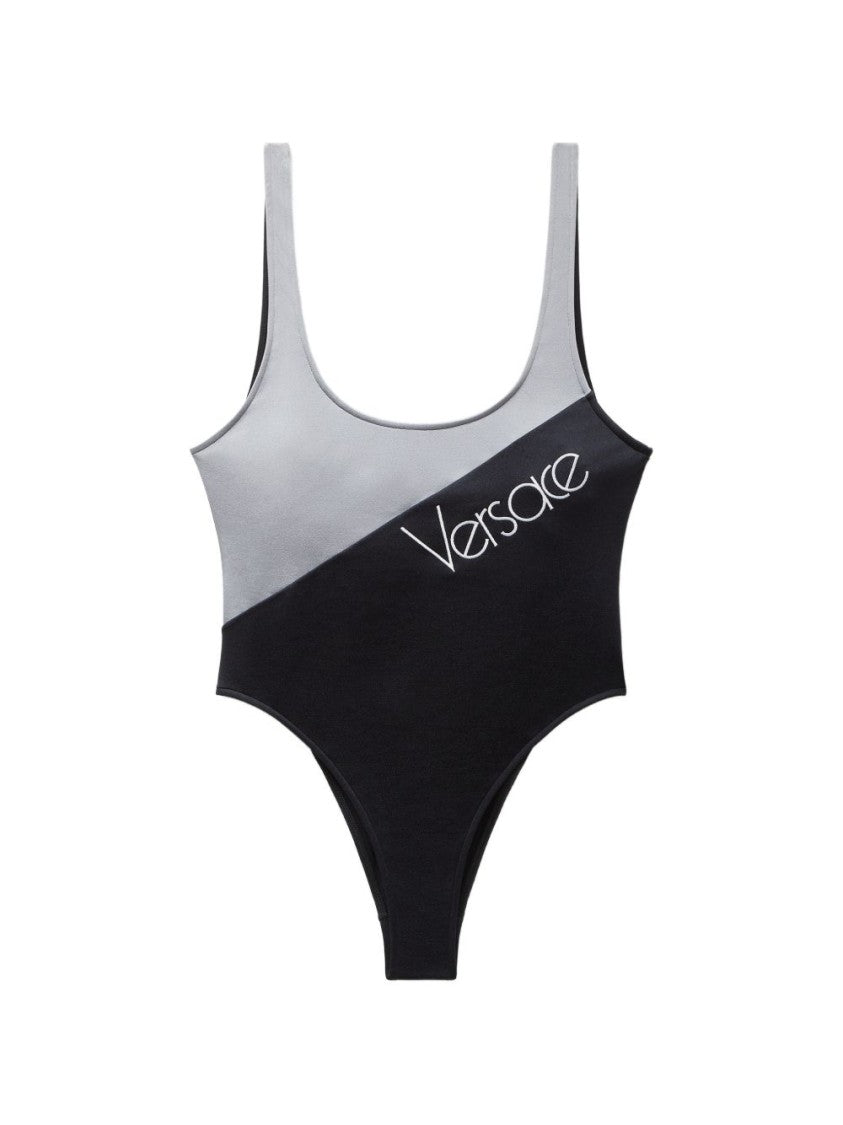 Versace Two-Tone One-Piece Swimsuit With Embroidered Logo Detail