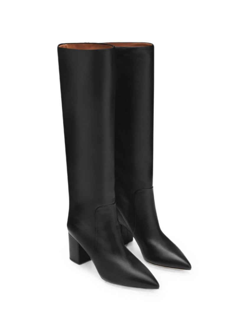 Paris Texas Black Pointed-Toe Silk-Nylon Block-Heel Boots