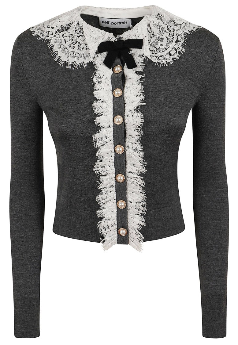 Self-Portrait Anthracite Grey Lace Collar Knit Cardigan With Jeweled Buttons