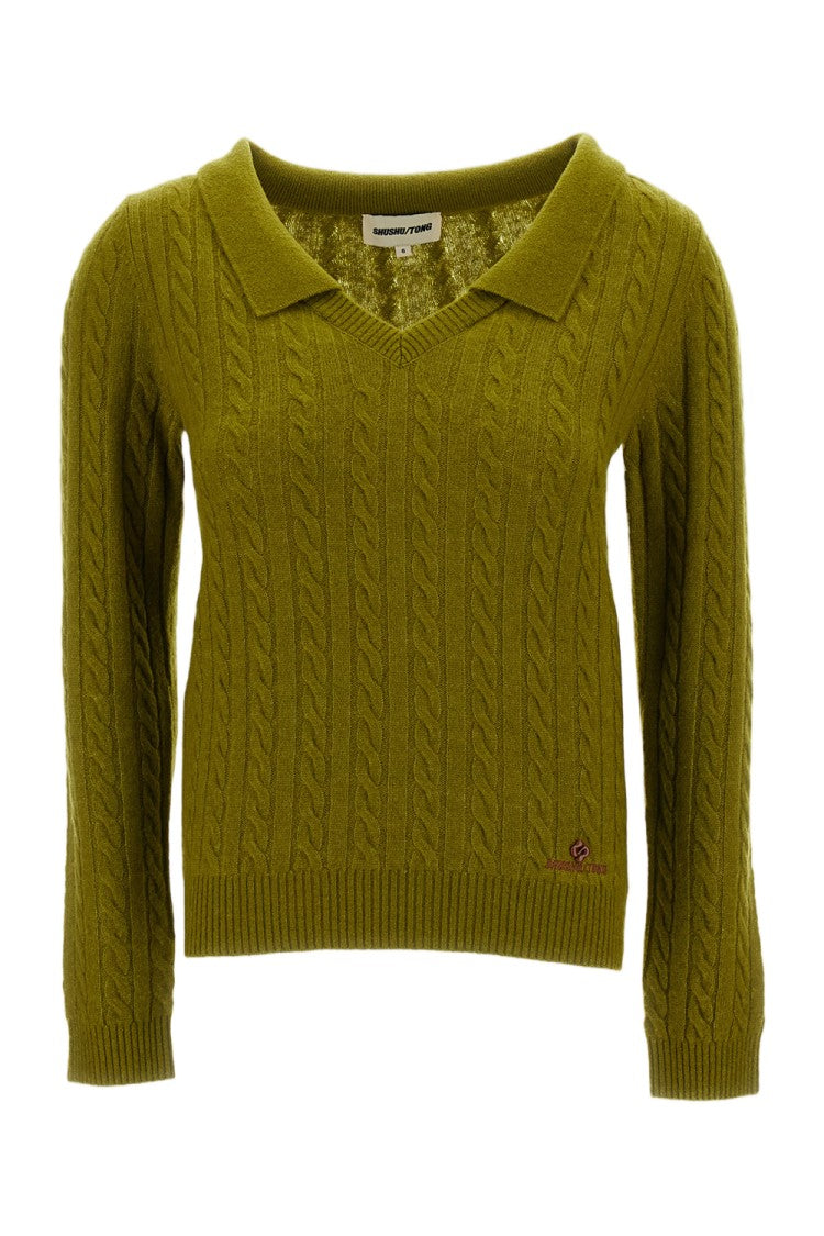 Shushu/Tong Green V-Neck Chelsea Collar Cable Knit Wool-Lyocell Sweater