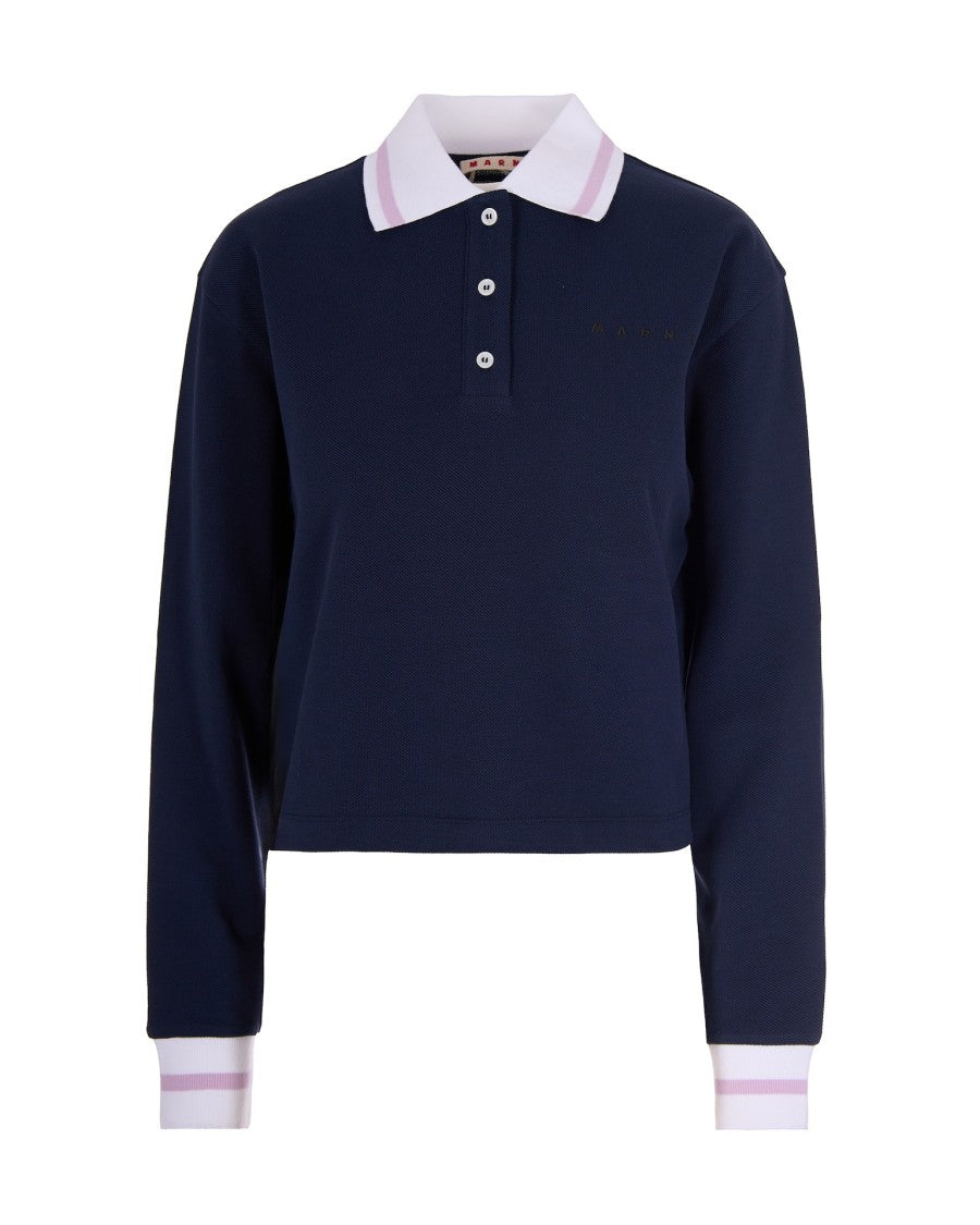 Marni Dark Blue Piqué Long-Sleeved Polo Shirt
