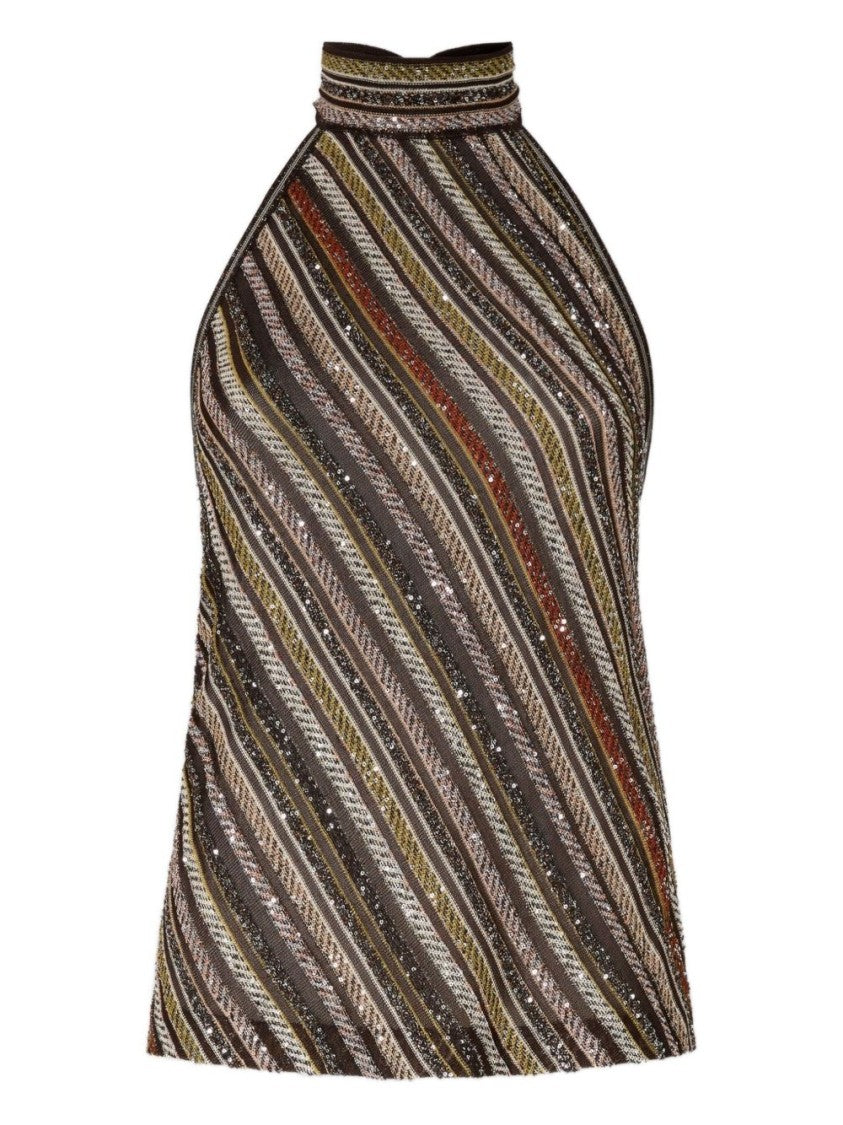 Missoni Diagonal Striped Beige And Brown Sleeveless Top