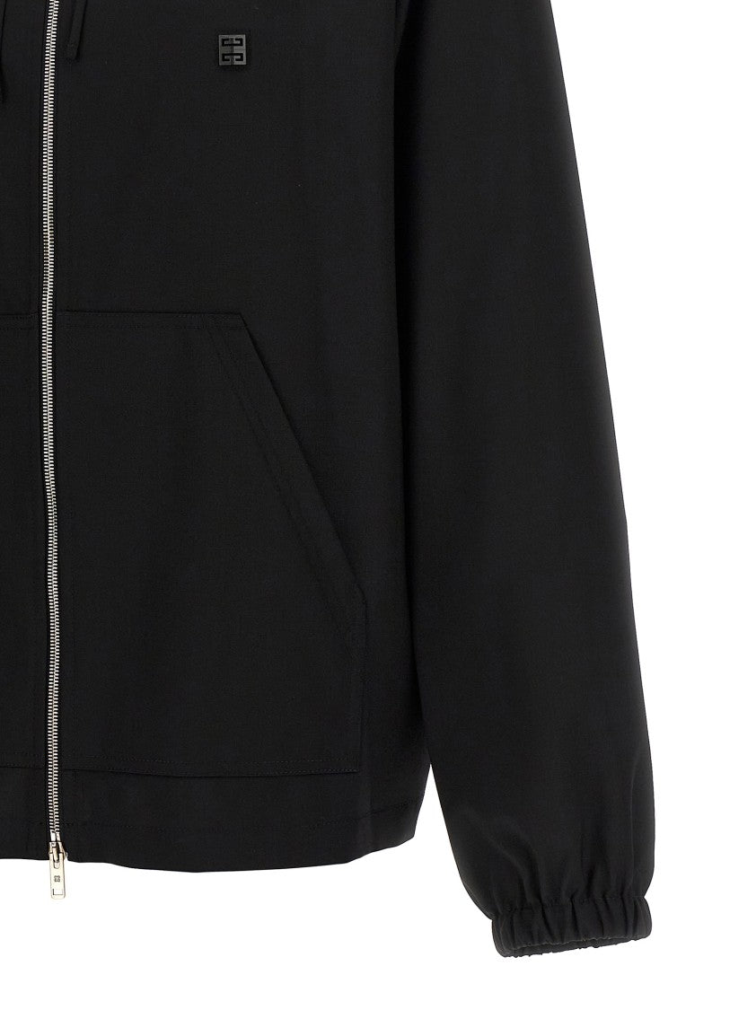 Givenchy Black Wool Hoodie With Front Logo Plaque And Zip Closure