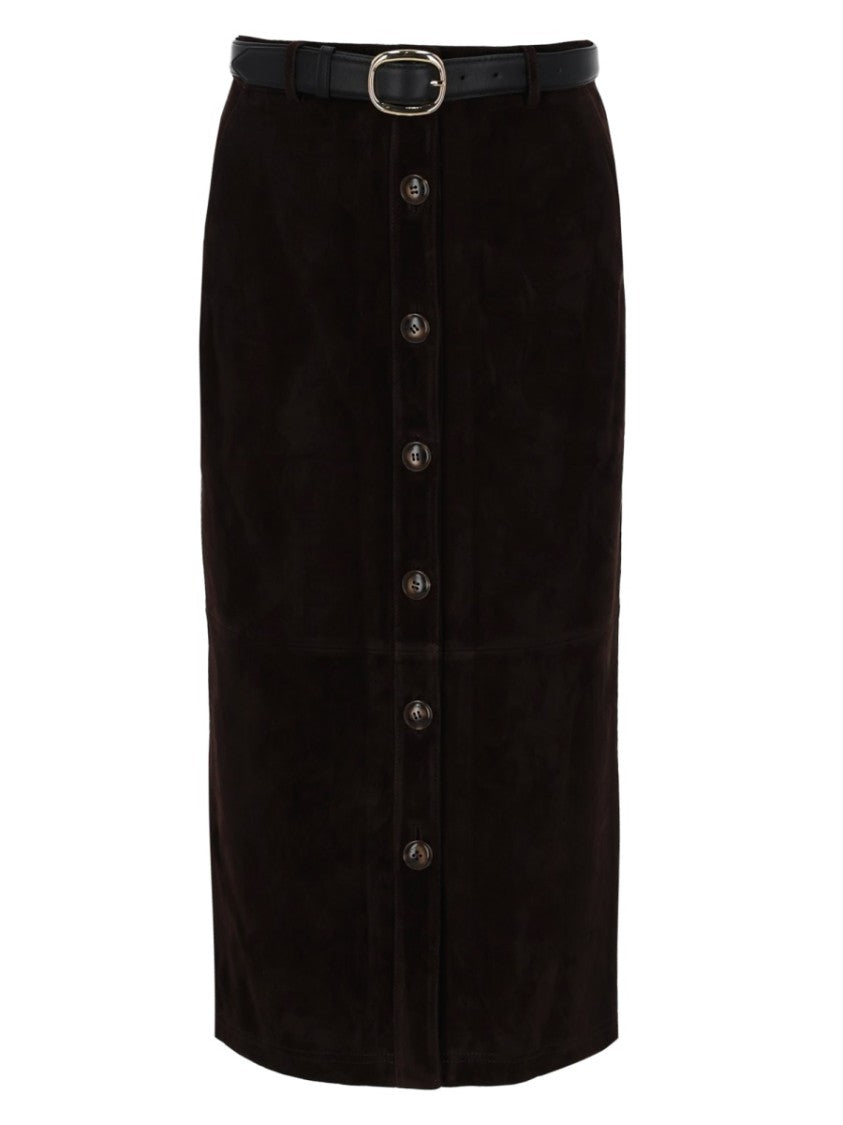 Self-Portrait Button-Down Slim Belt Suede Midi Skirt