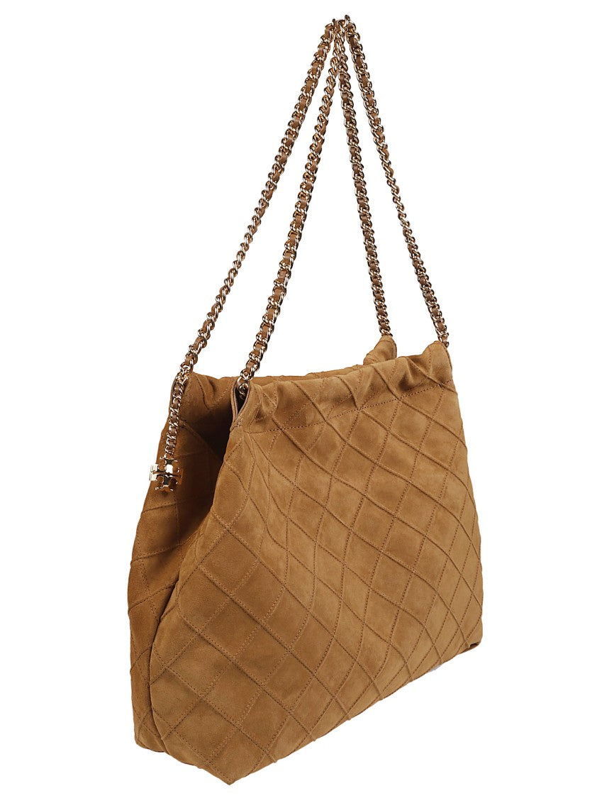 Tory Burch Fleming Quilted Brown Suede Hobo Bag