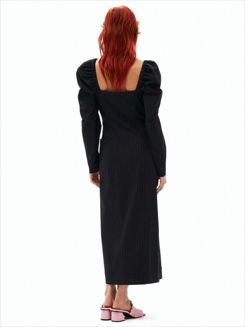 Ganni Square Neck Puffed Sleeve Midi Dress With Button-Down Front