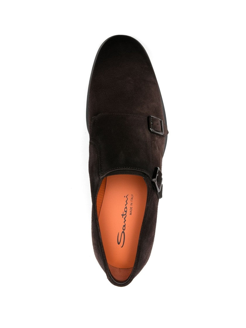Santoni Monk Strap Calf Suede Loafers With Double Buckle Closure