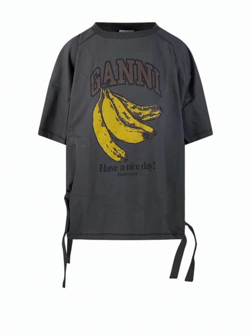 Ganni Cropped Short-Sleeve Top With Adjustable Side Ties And Graphic Print