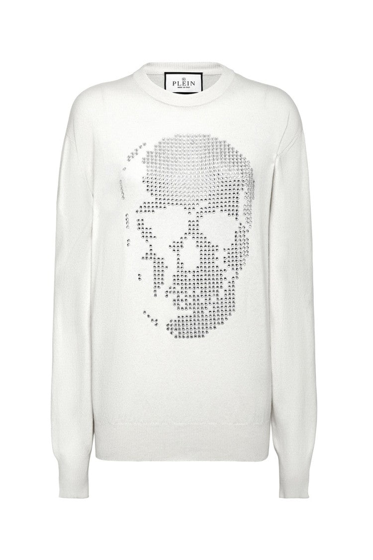 Philipp Plein Relaxed Fit White Sweater Metallic Skull