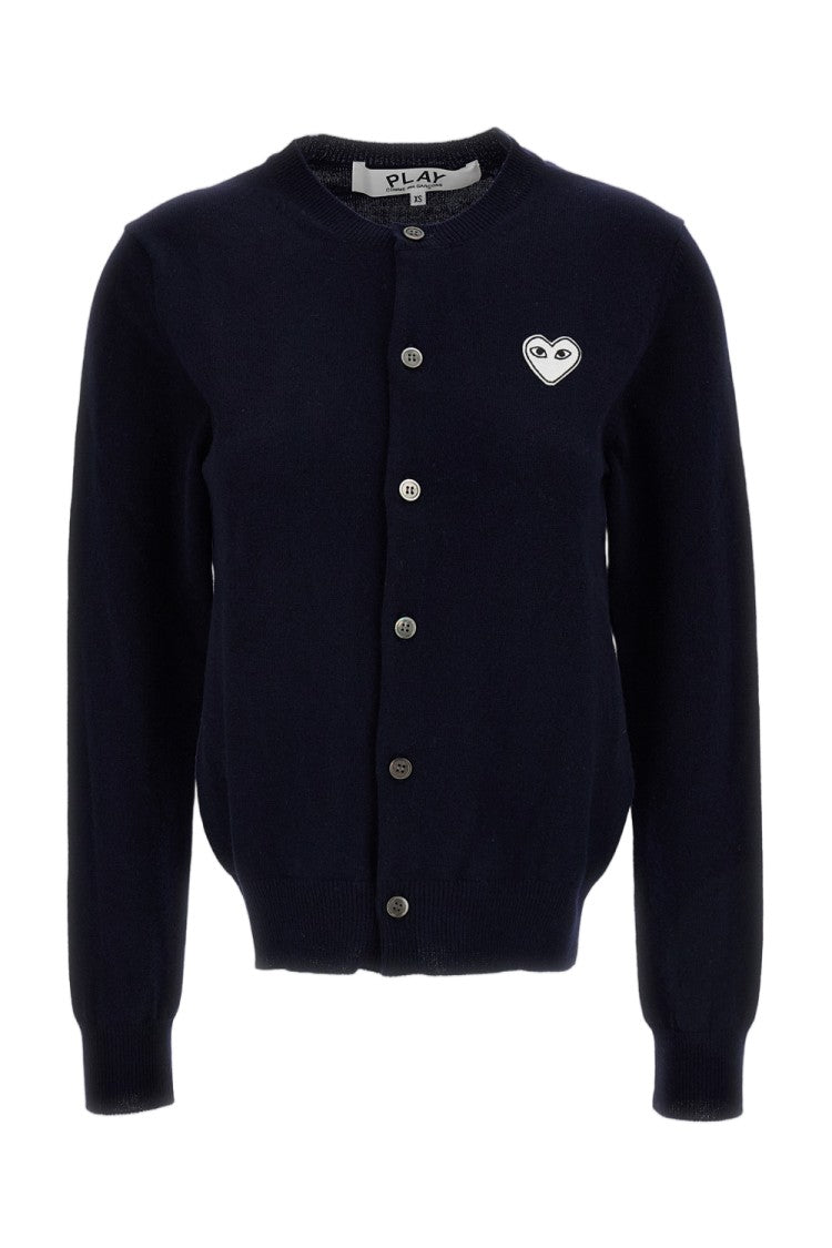 Comme Des Garçons Blue White Emblem Wool Crewneck Cardigan
