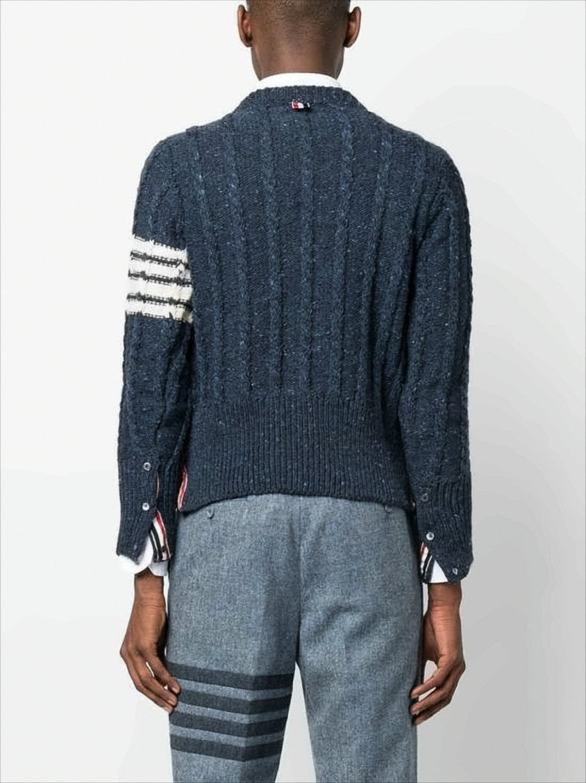 Thom Browne Textured Cable Knit Sweater With Striped Sleeve Accents