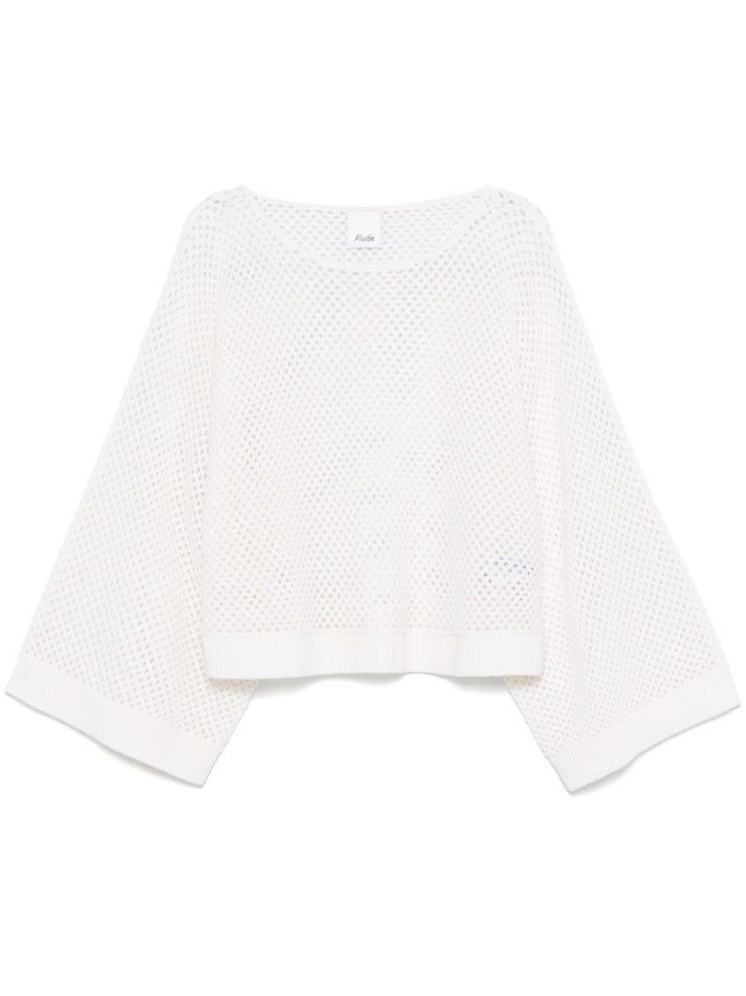 Allude Open-Knit White Sweater With Cropped Fit