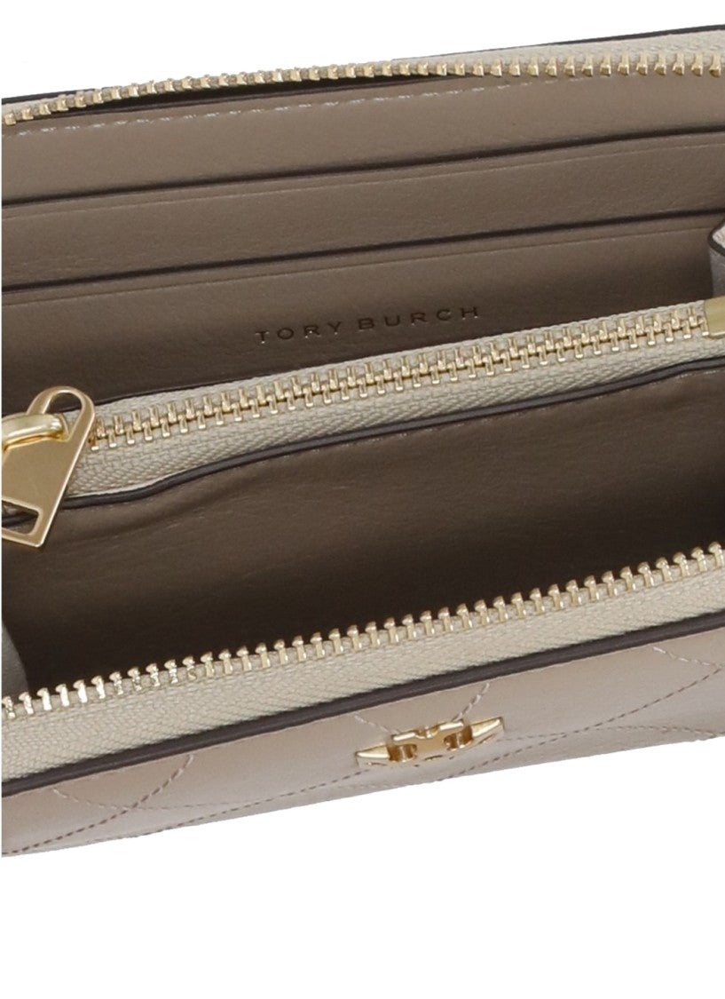 Tory Burch Beige Quilted Leather Gold Logo Zip Wallet