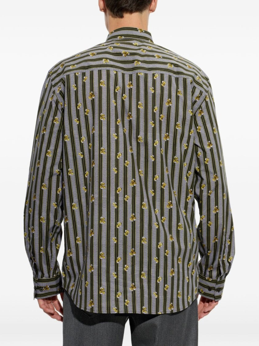 Dries Van Noten Vertical Striped Casual Shirt With Floral Accents