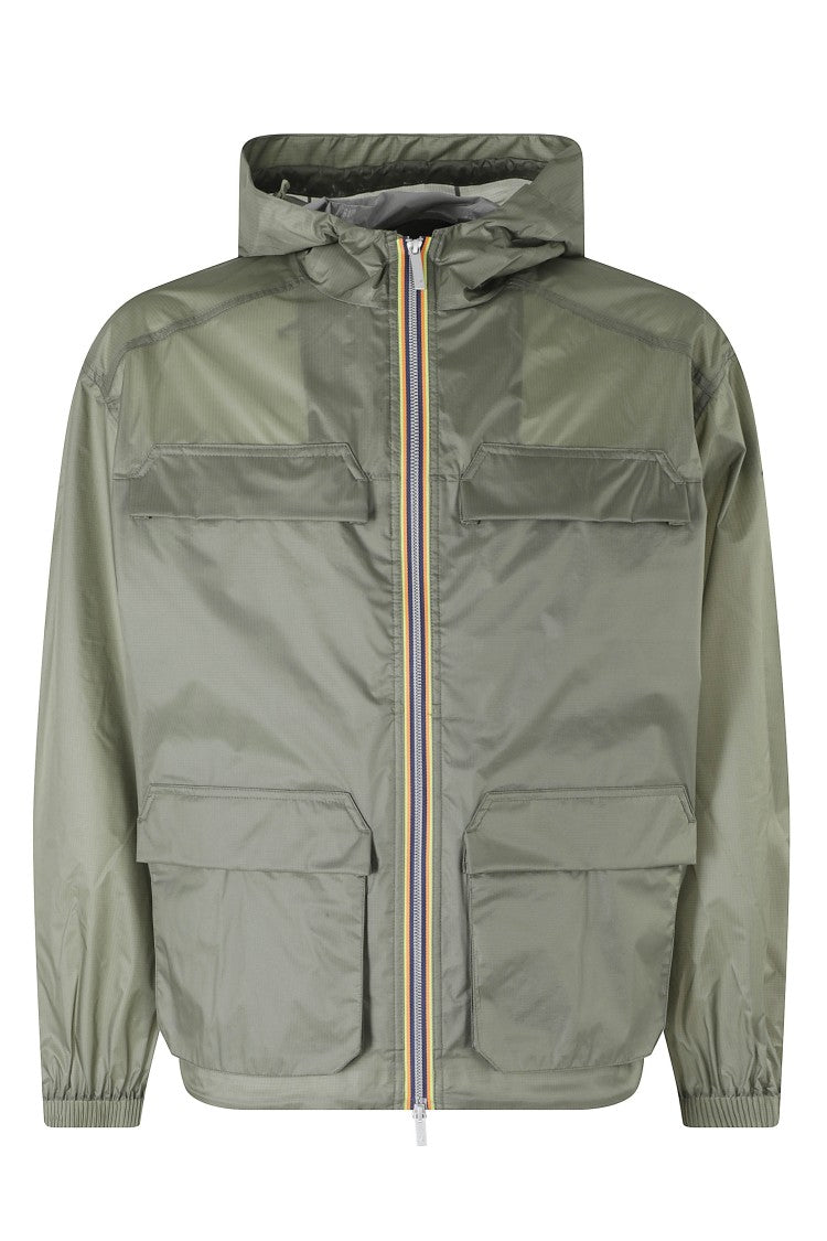 K-Way Green Clad Extra Light Hooded Front Zip Nylon Jacket