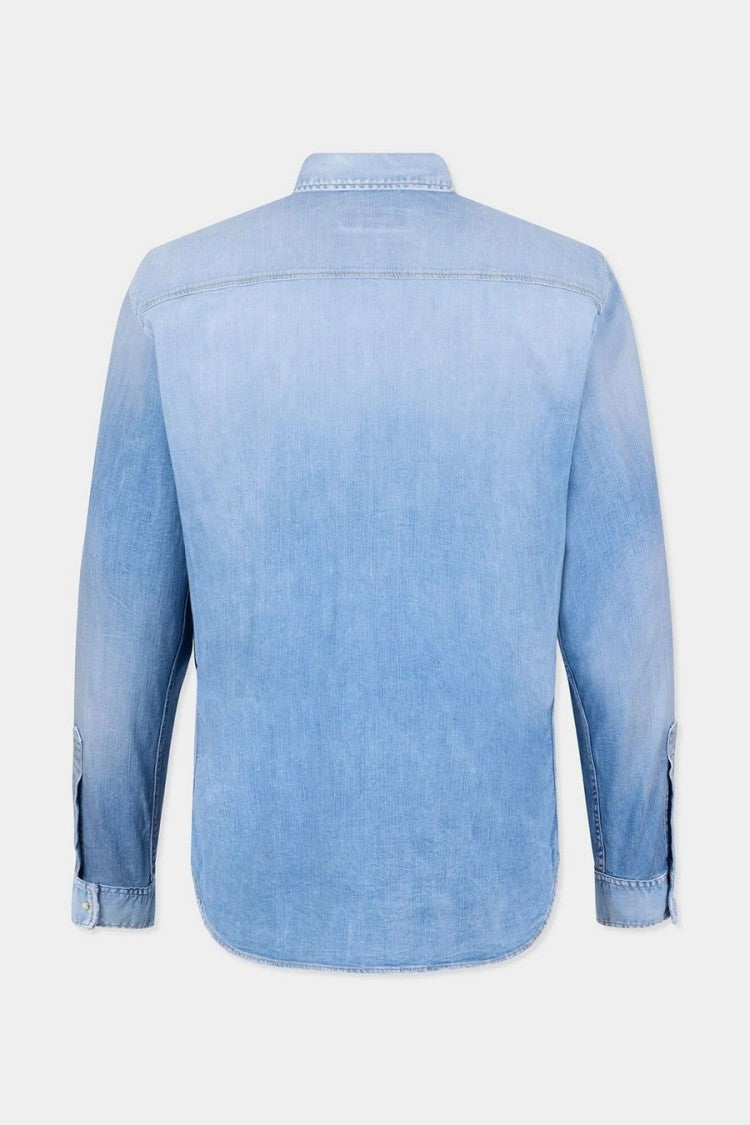 Dsquared2 Light Blue Flap Pocket Red Side Tab Cotton-Blend Denim Shirt