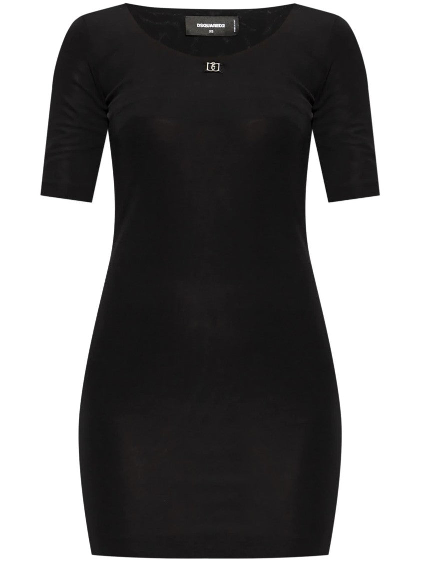 Dsquared2 Form-Fitting Black Viscose Metallic Logo Dress
