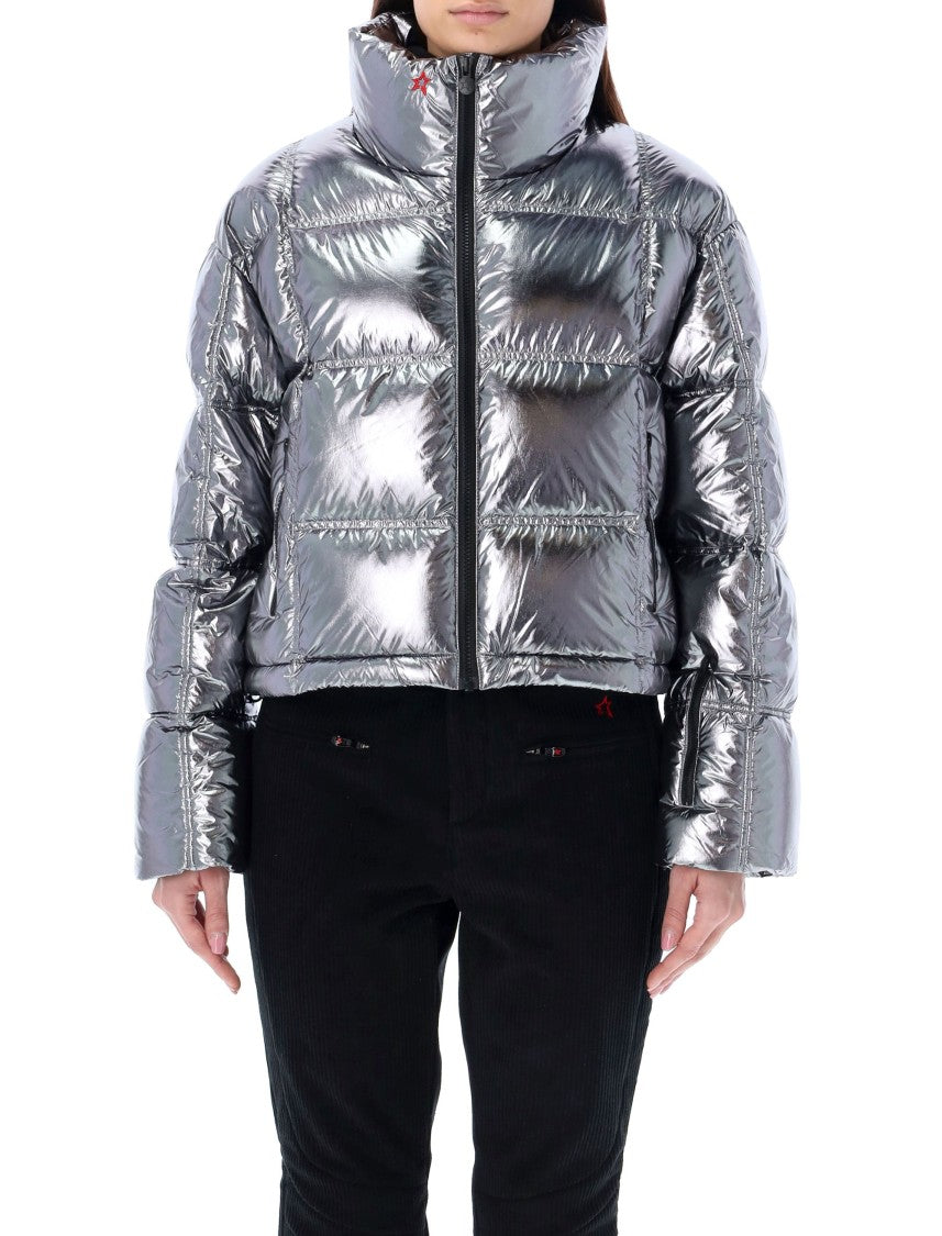Perfect Moment Cropped Metallic Silver Duvet Jacket With Horizontal Quilting