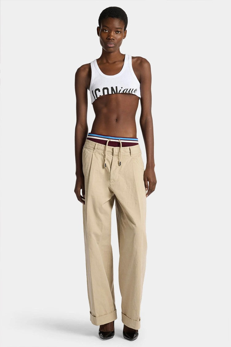 Dsquared2 Beige Contrast Striped Waistband Pleated Cotton Wide-Leg Pants